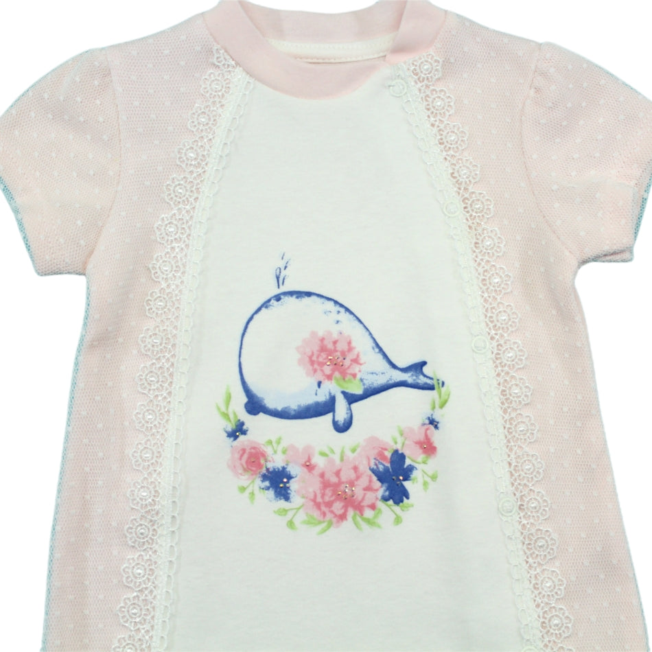 Mymio Baby Snap Up Romper with Lace and Net Appliques - Whale