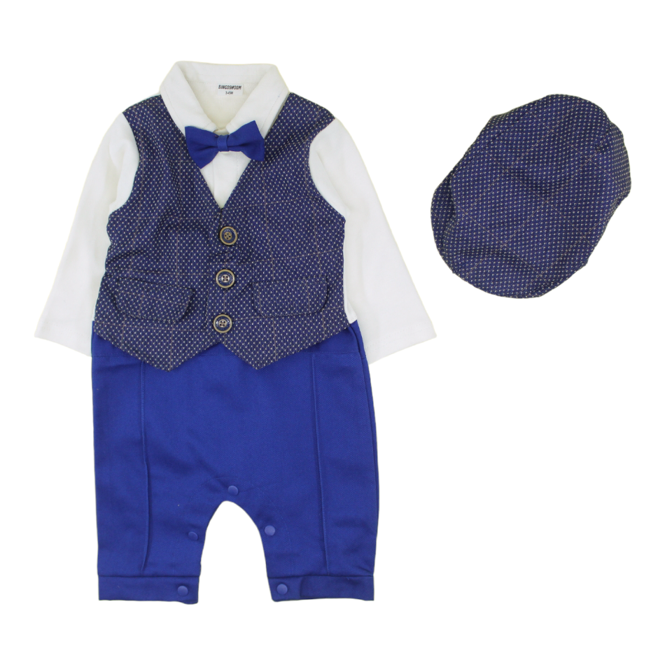 Bowtie Romper With Attached Waistcoat And Cap - Navy Dots