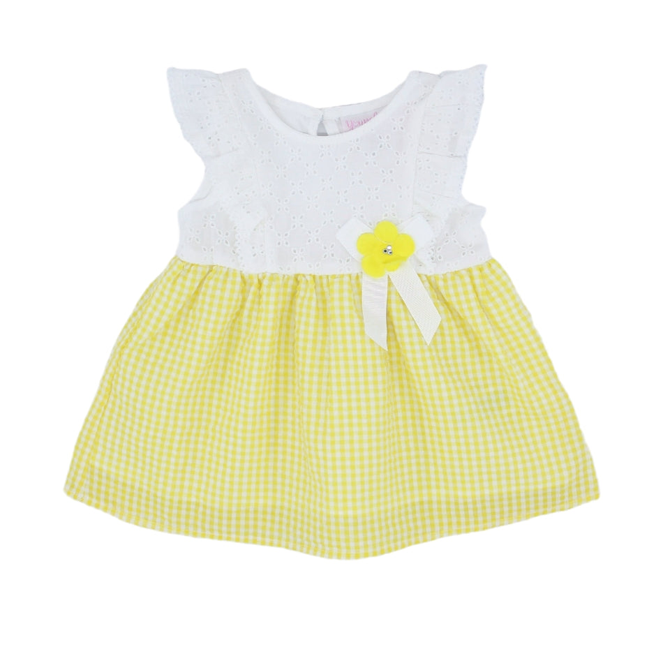 Youngland Baby Cotton Flutter Sleeves Dress With Diaper Cover Set - Yellow Checks