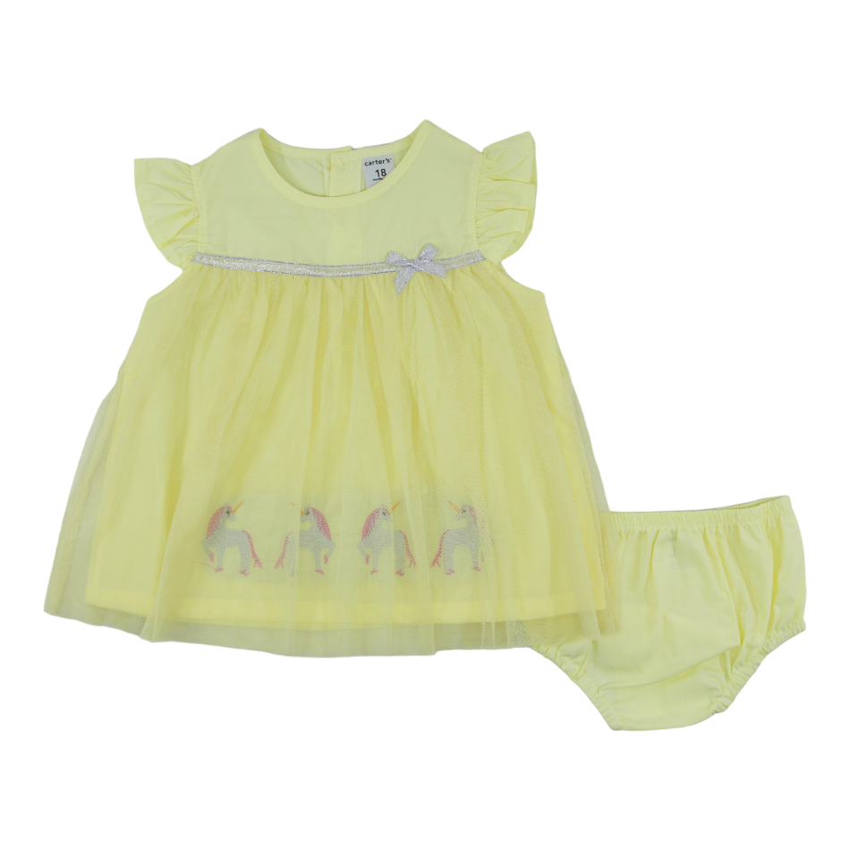 Flutter Sleeves Tulle Dess With Unicorn Applique Details And Diaper Cover Set - Yellow