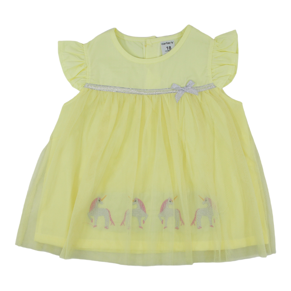 Flutter Sleeves Tulle Dess With Unicorn Applique Details And Diaper Cover Set - Yellow