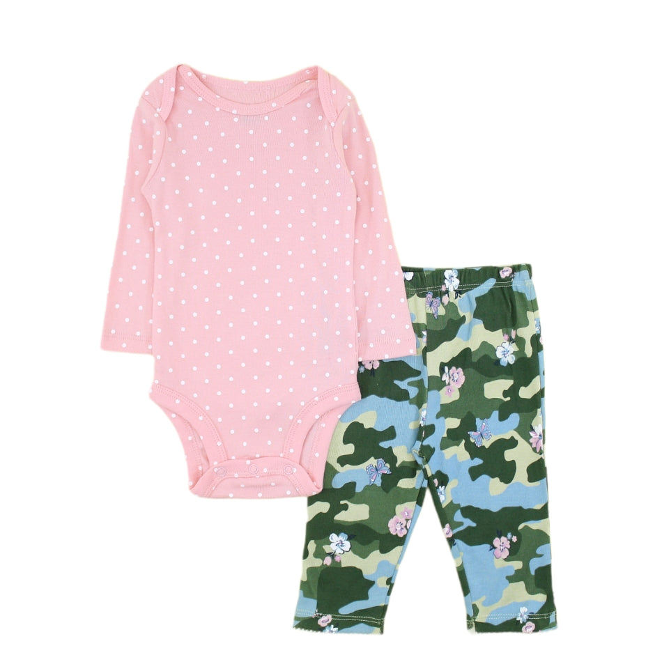 2 pc Set - Cotton Full Sleeve Bodysuit And Pajama - Camo Floral