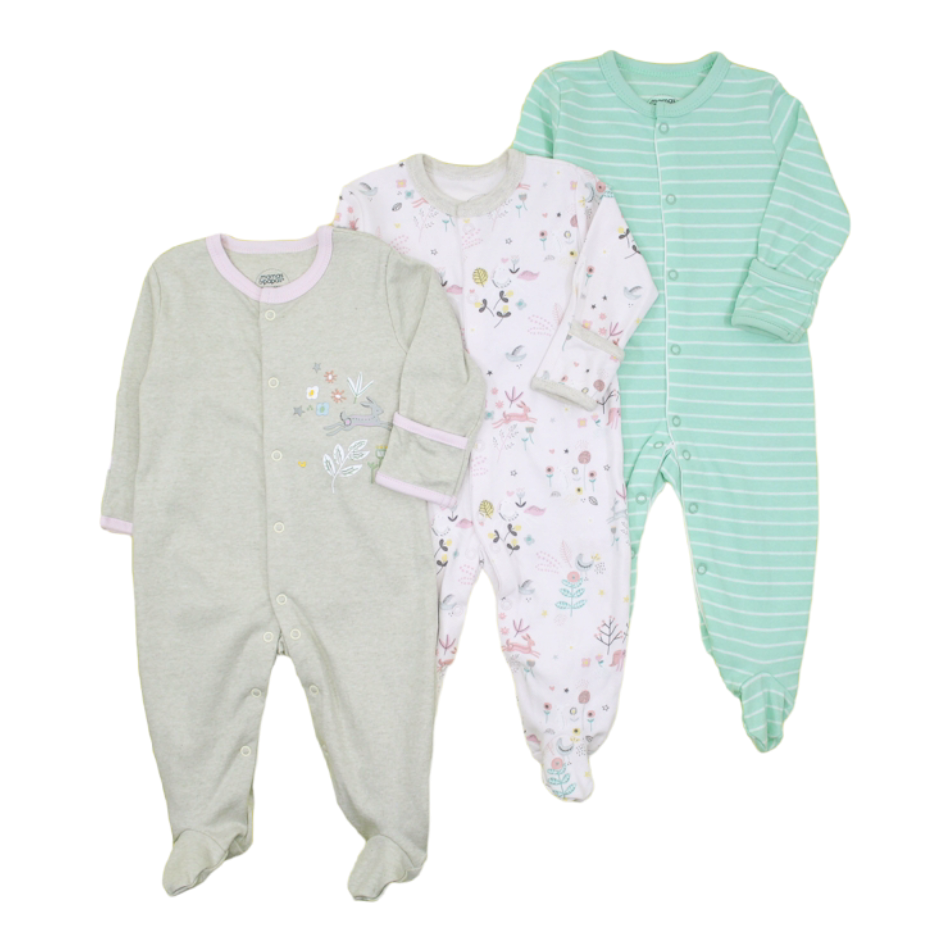 Mamas & Papas 3 Pk Cotton Footed Sleepers - Stripe/Floral