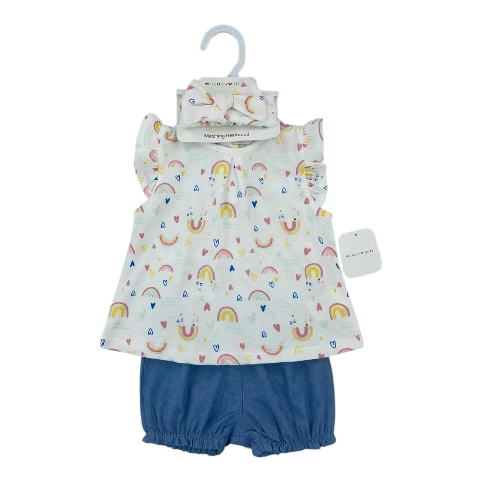 2 Pc Top And Shorts Set With Headband - Rainbows