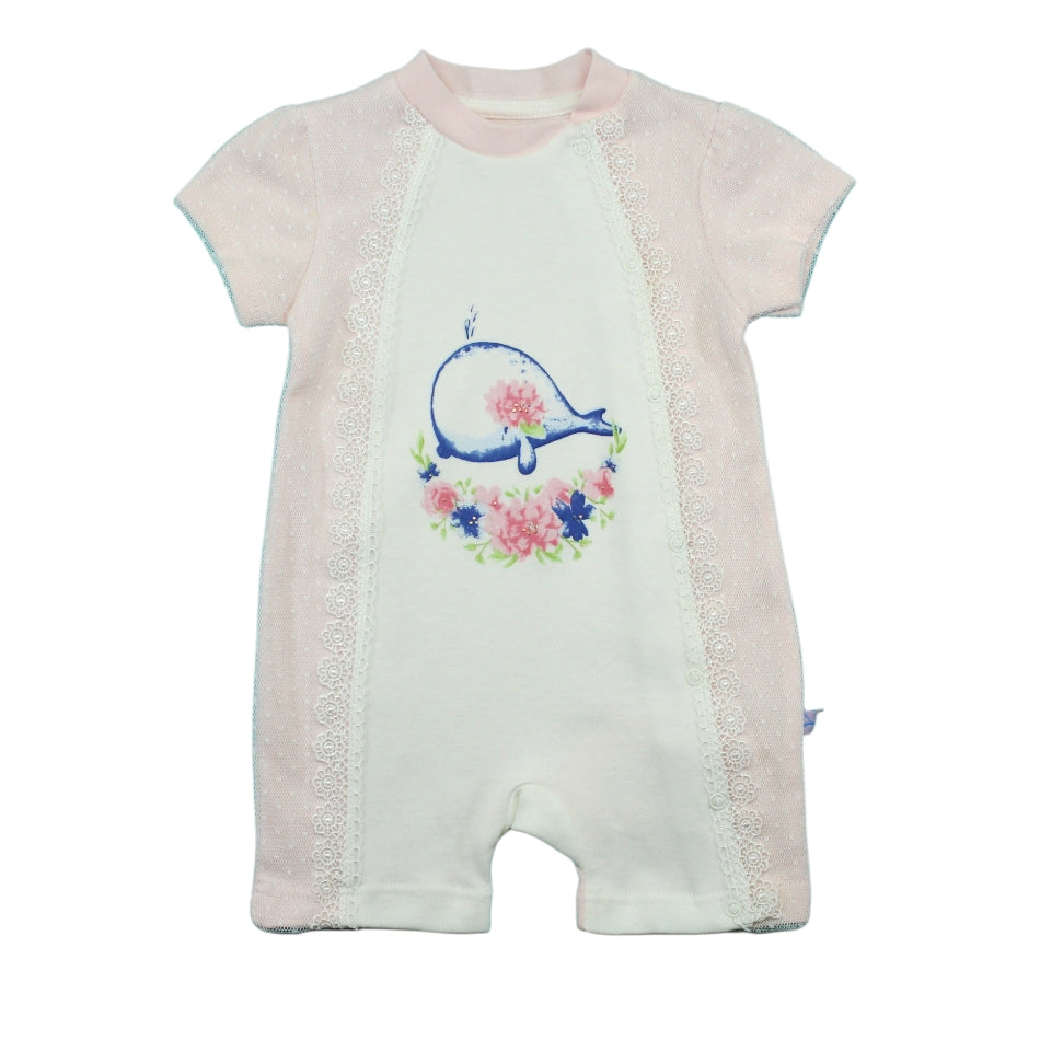 Mymio Baby Snap Up Romper with Lace and Net Appliques - Whale