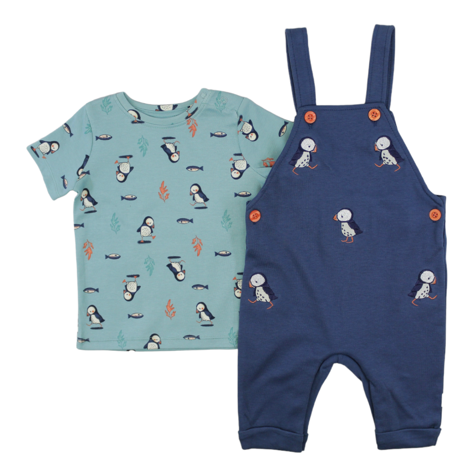 Elegant Kids 2 Pc Cotton Dungaree And T-Shirt Set - Penguin