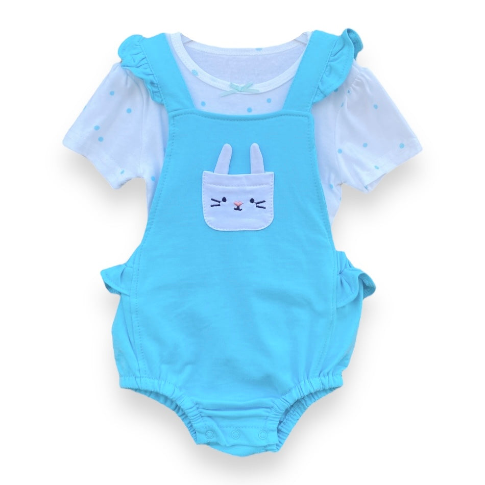 Cute Koala 2 Pc Ruffle Details Dungaree And T-Shirt Set - Polka Dots/Kitty