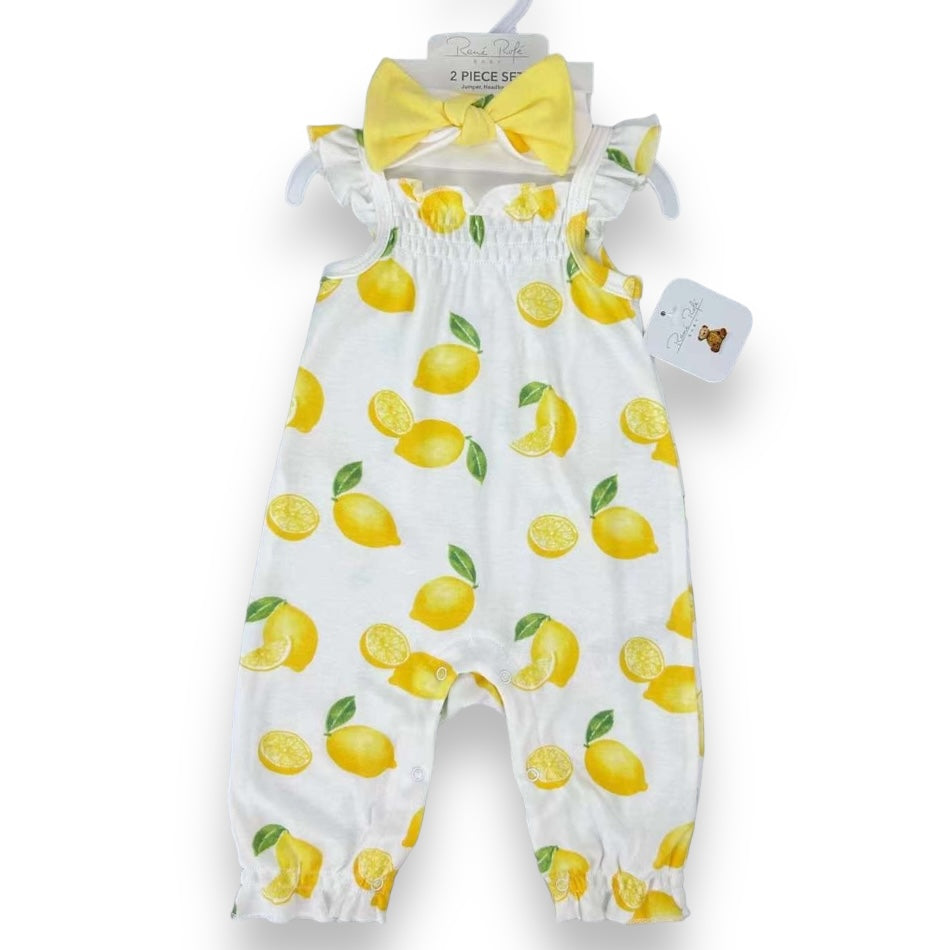 Rene Rofe 2 Pc Ruffle Jumpsuit And Headband Set - Lemon