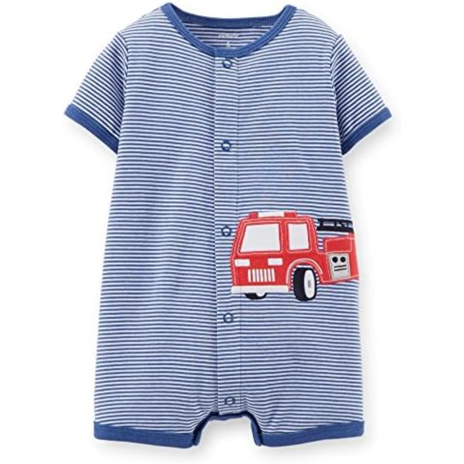 Striped Cotton Button Down Romper - Fire Engine