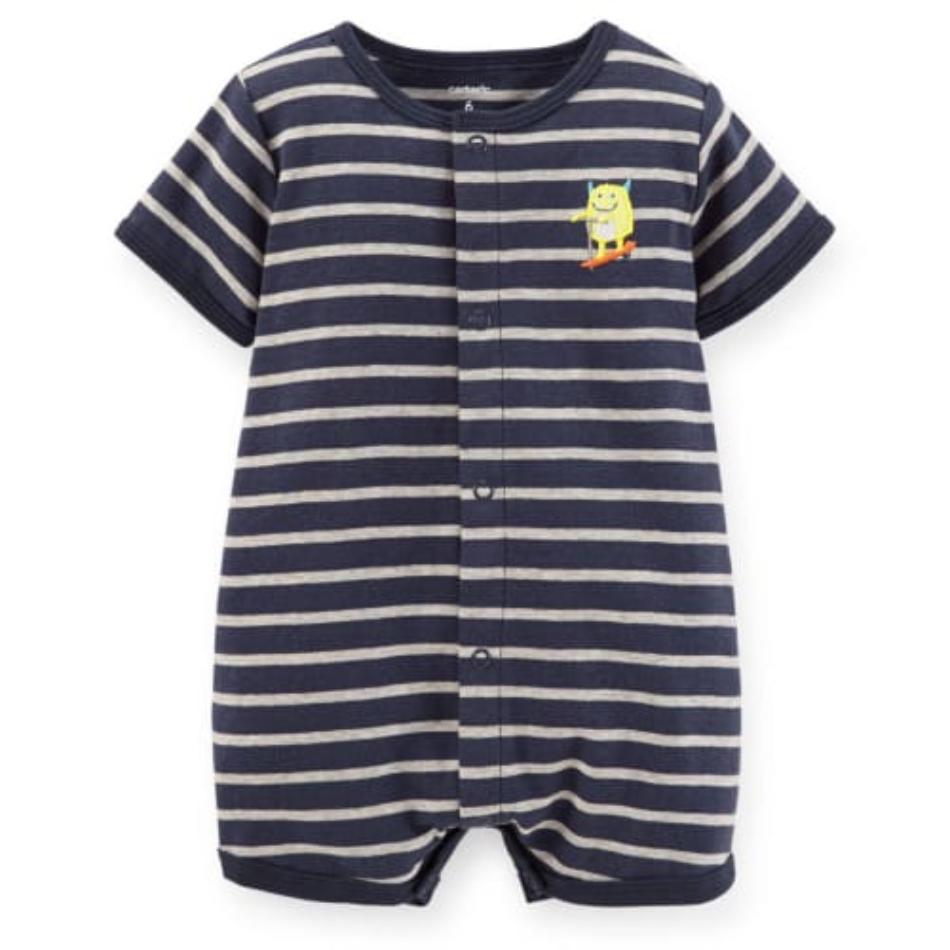 Striped Cotton Button Down Romper - Monster