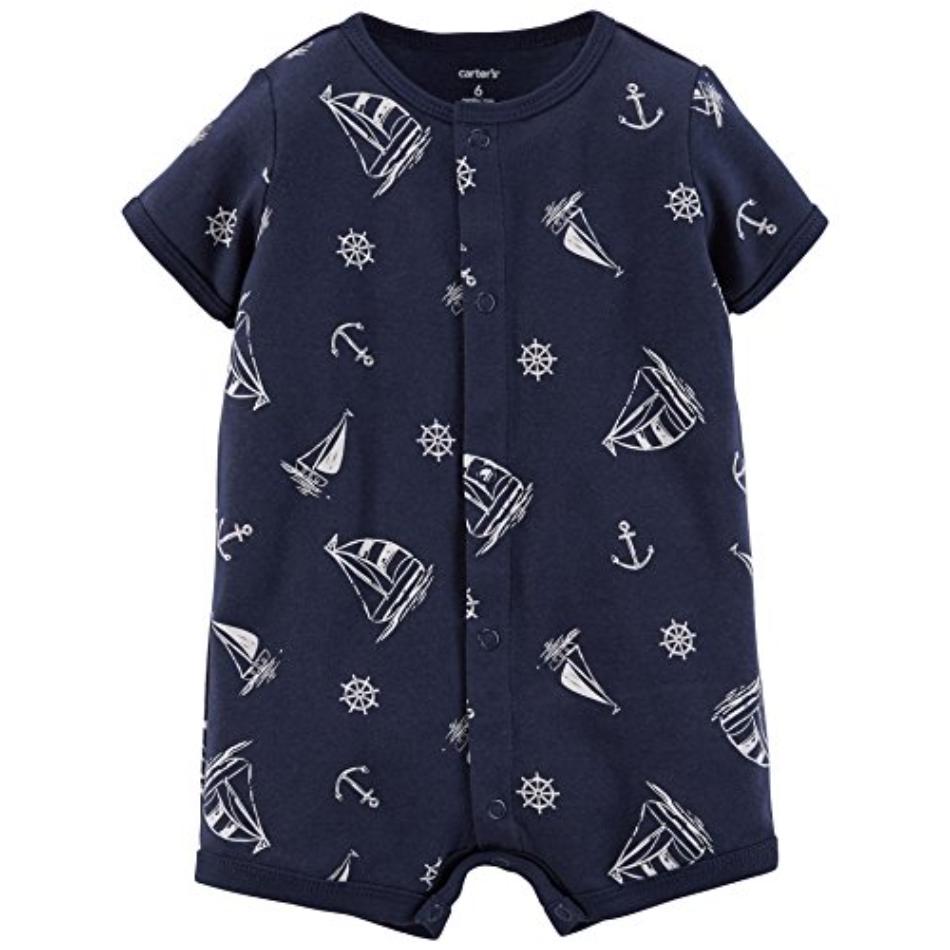 Printed Cotton Button Down Romper - Boats