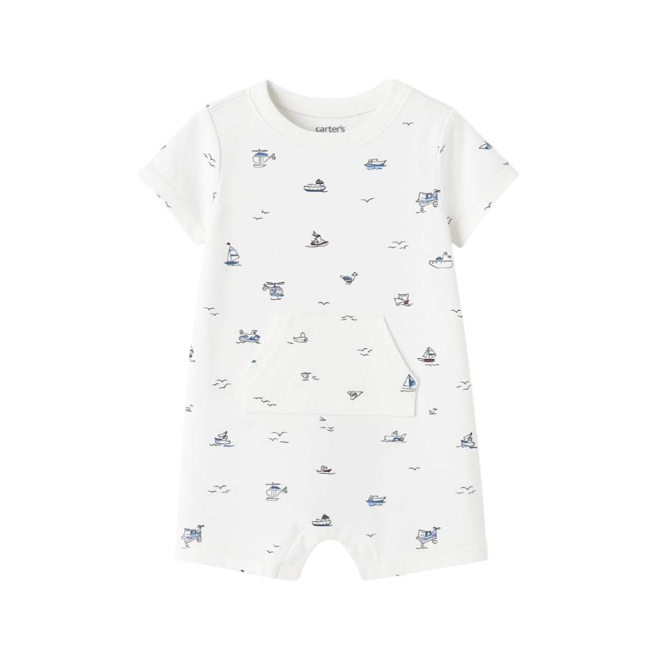 Printed Cotton Kangaroo Pocket Romper - Boats