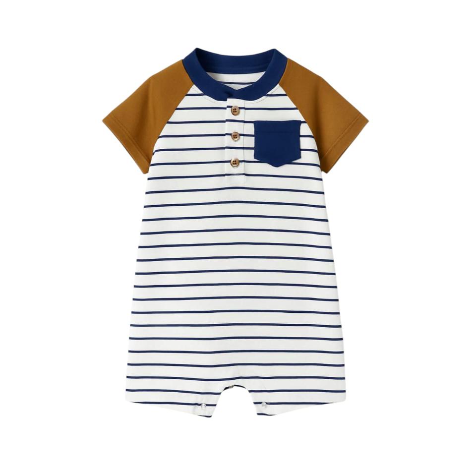 Striped Cotton Romper With Blue Pockets