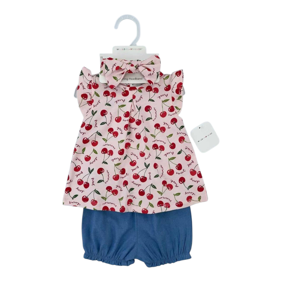 2 Pc Top And Shorts Set With Headband - Cherries