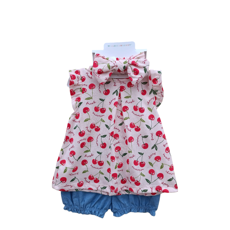2 Pc Top And Shorts Set With Headband - Cherries