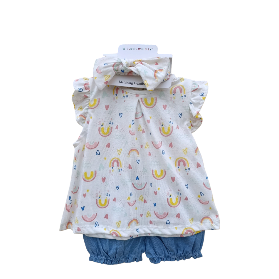 2 Pc Top And Shorts Set With Headband - Rainbows
