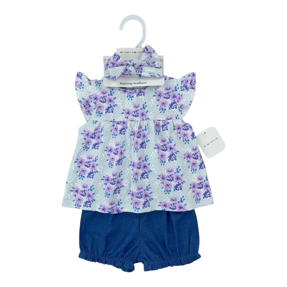 2 Pc Top And Shorts Set With Headband - Purple Floral