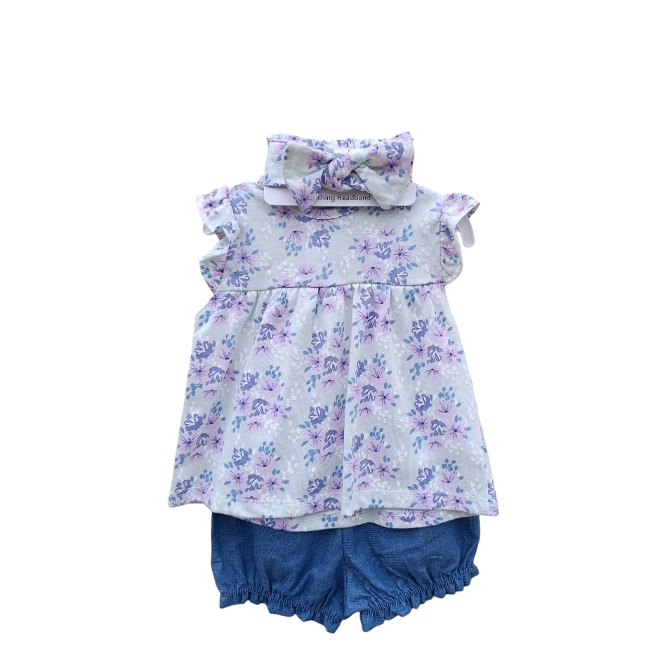 2 Pc Top And Shorts Set With Headband - Purple Floral
