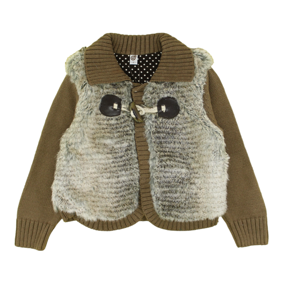 Faux Fur Jacket With Knit Sleeves - Brown
