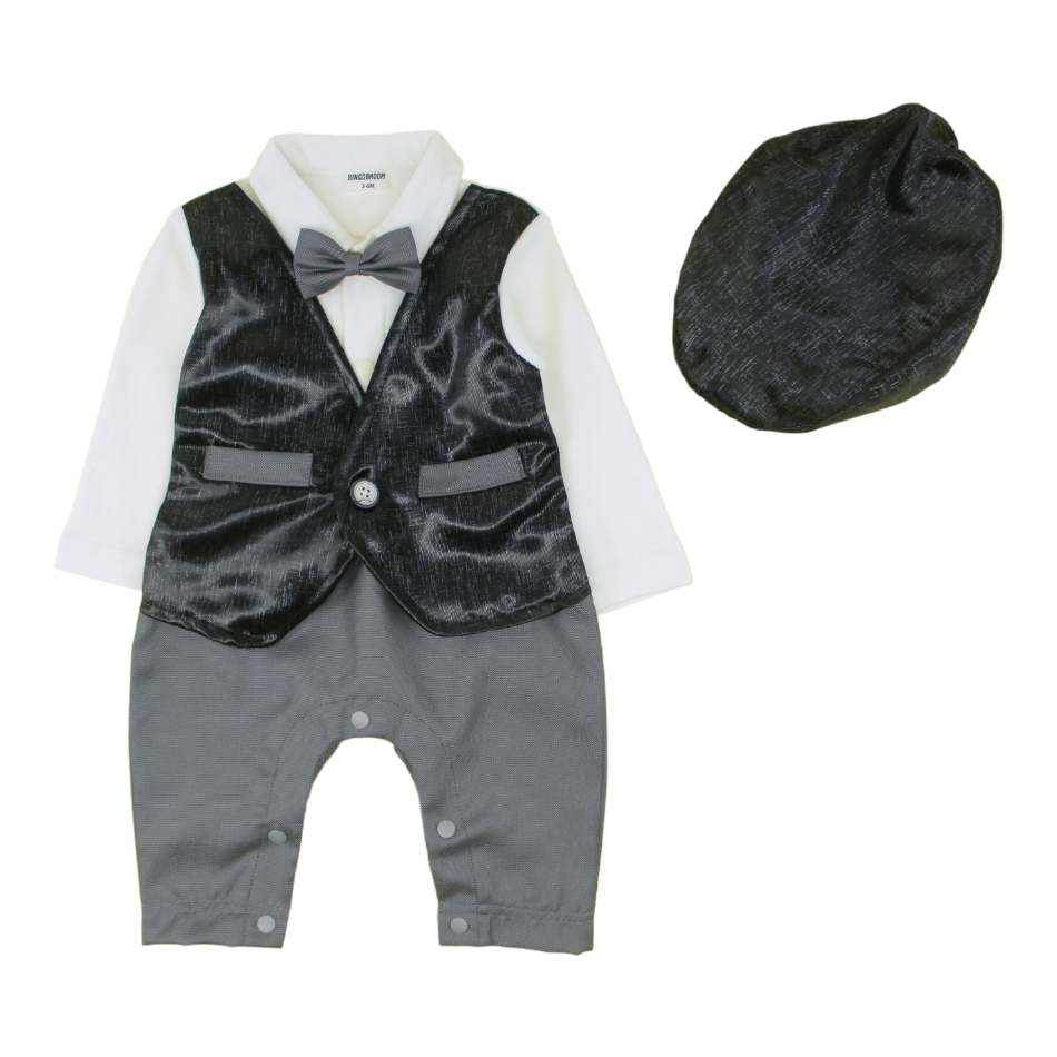 Bowtie Romper With Attached Waistcoat And Cap - Black