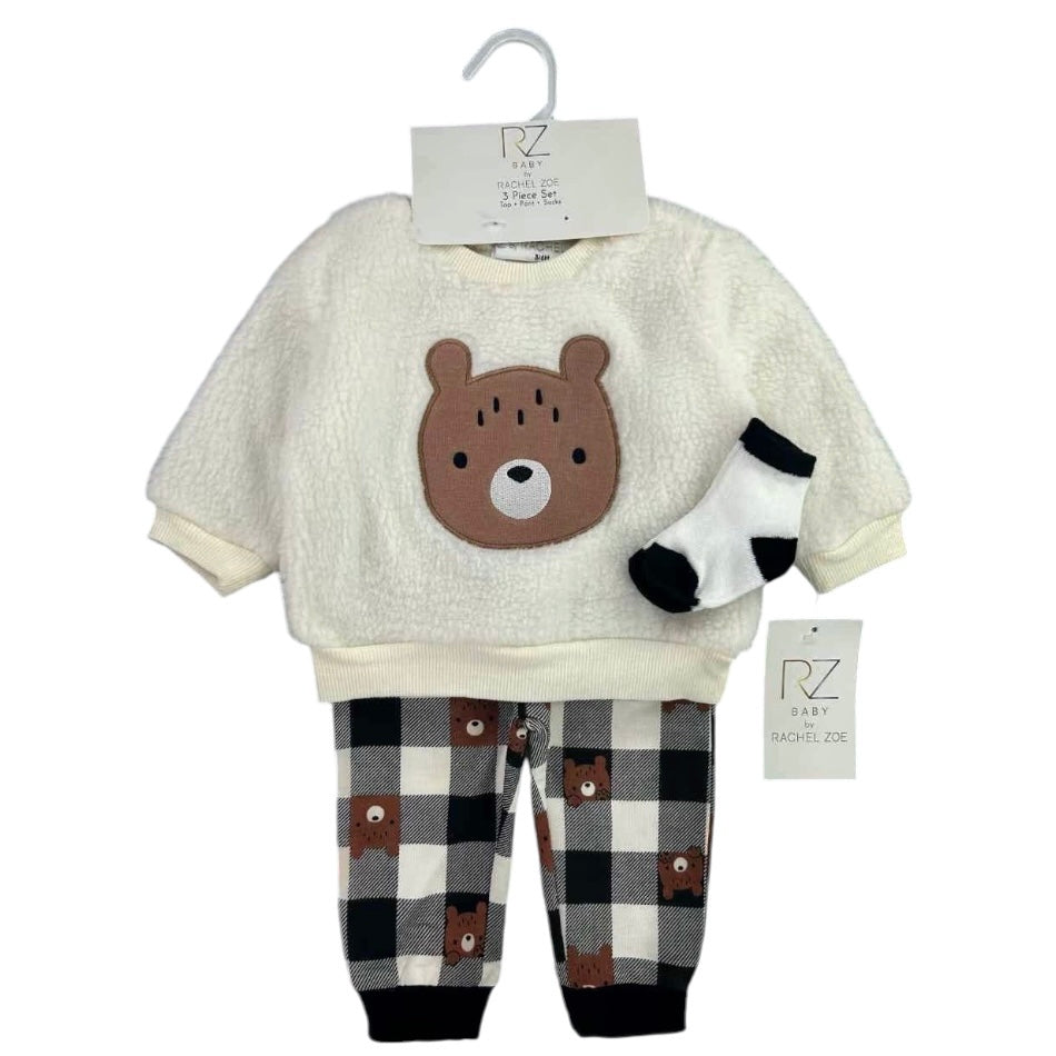 Rachel Zoe 3 Pc Fluffy Sweatshirt, Jogger Pants & Socks Set - Bear