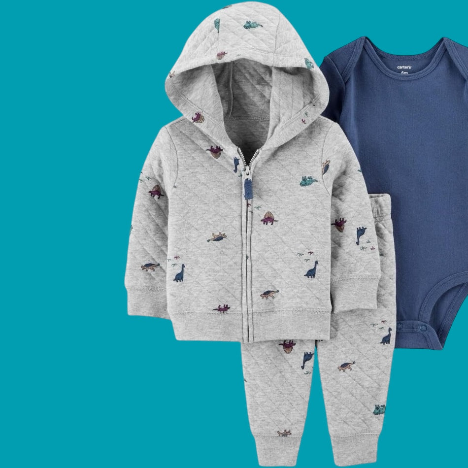 3 Pc Quilted Jacket, Pants And Full Sleeves Bodysuit  Set - Dinos