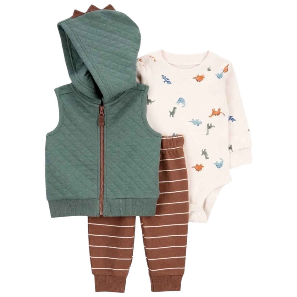 3 Pc Quilted Hooded Vest, Full Sleeves Bodysuit And Pants Set - Dinos