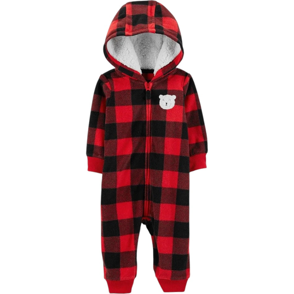 Fleece Zip Up Jumpsuit With Sherpa Lined Hood - Check Bear