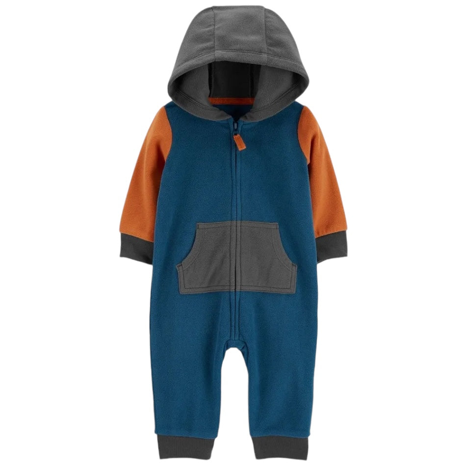 Fleece Hooded Jumpsuit With Kangaroo Pockets - Orange