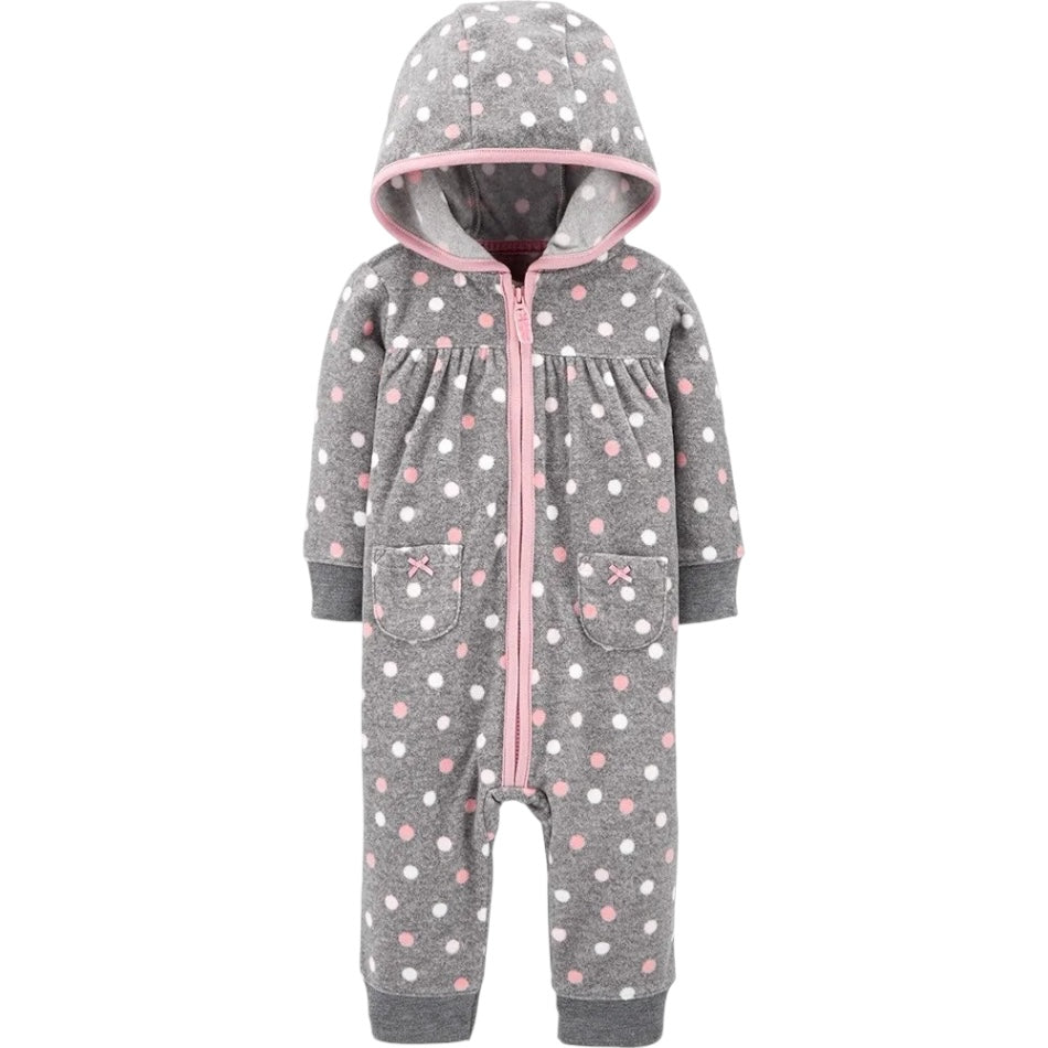 Fleece Zip Up Hooded Jumpsuit - Polka Dots