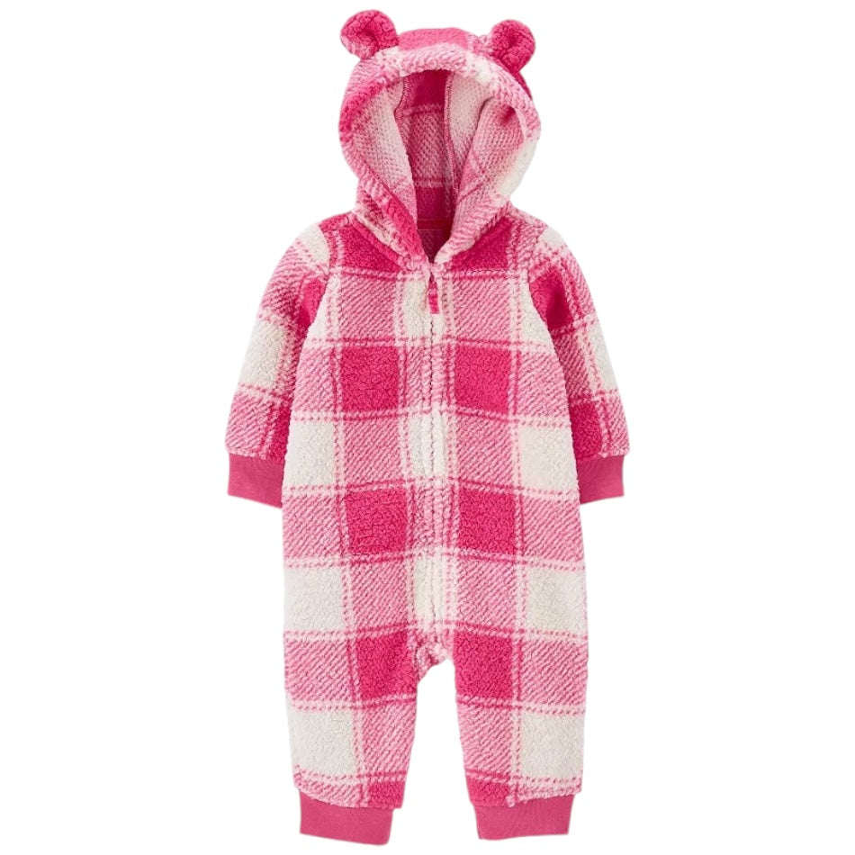 Sherpa Zip Up Hooded Jumpsuit - Checks