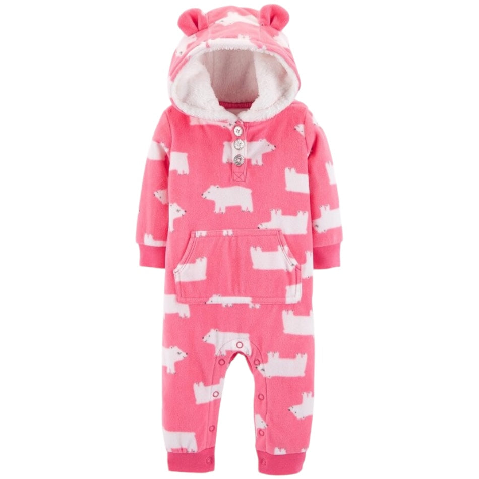 Fleece Hooded Jumpsuit With Kangaroo Pockets - Pink Bear