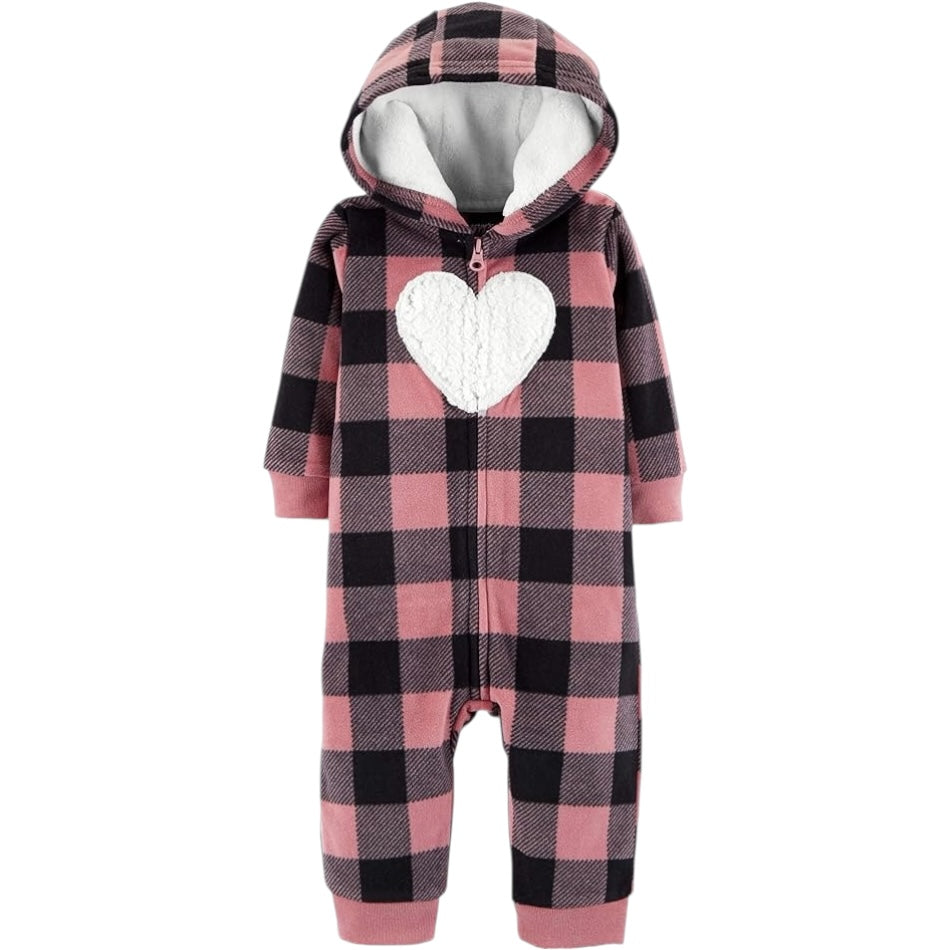 Fleece Zip Up Jumpsuit With Sherpa Lined Hood - Heart