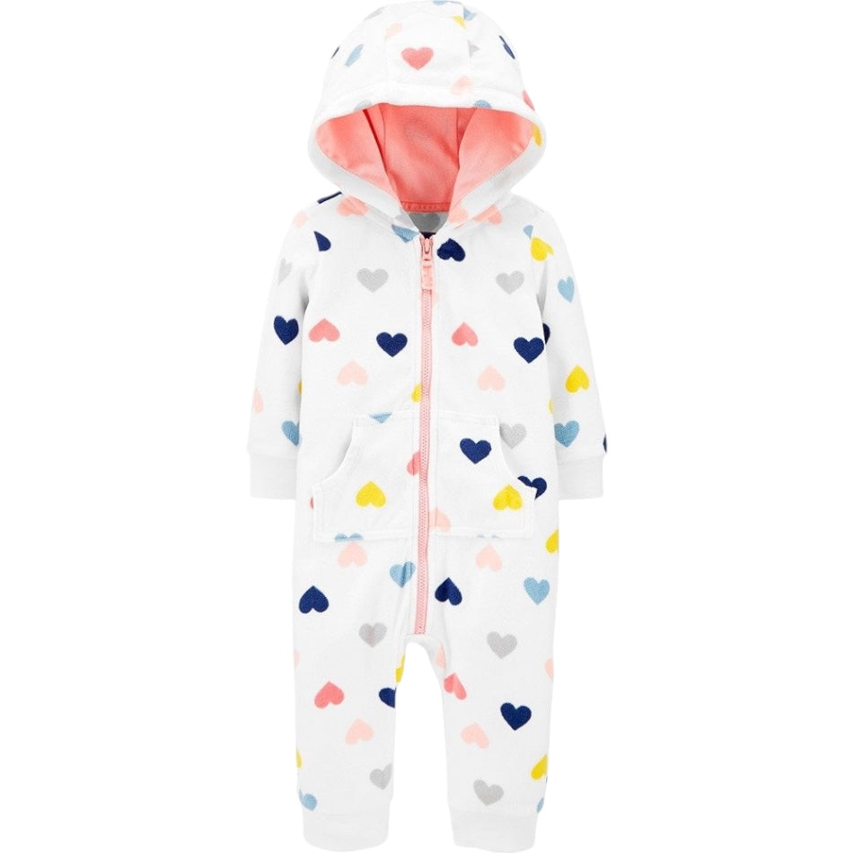 Fleece Zip Up Hooded Jumpsuit With Kangaroo Pockets - Hearts