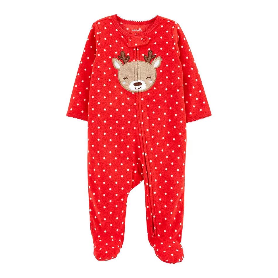 Fleece Zip Up Footed Sleeper - Reindeer/Dots