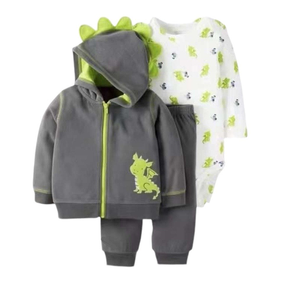 3 Pc Fleece Lined Jacket And Pants With Full Sleeves Bodysuit  Set - Dinos