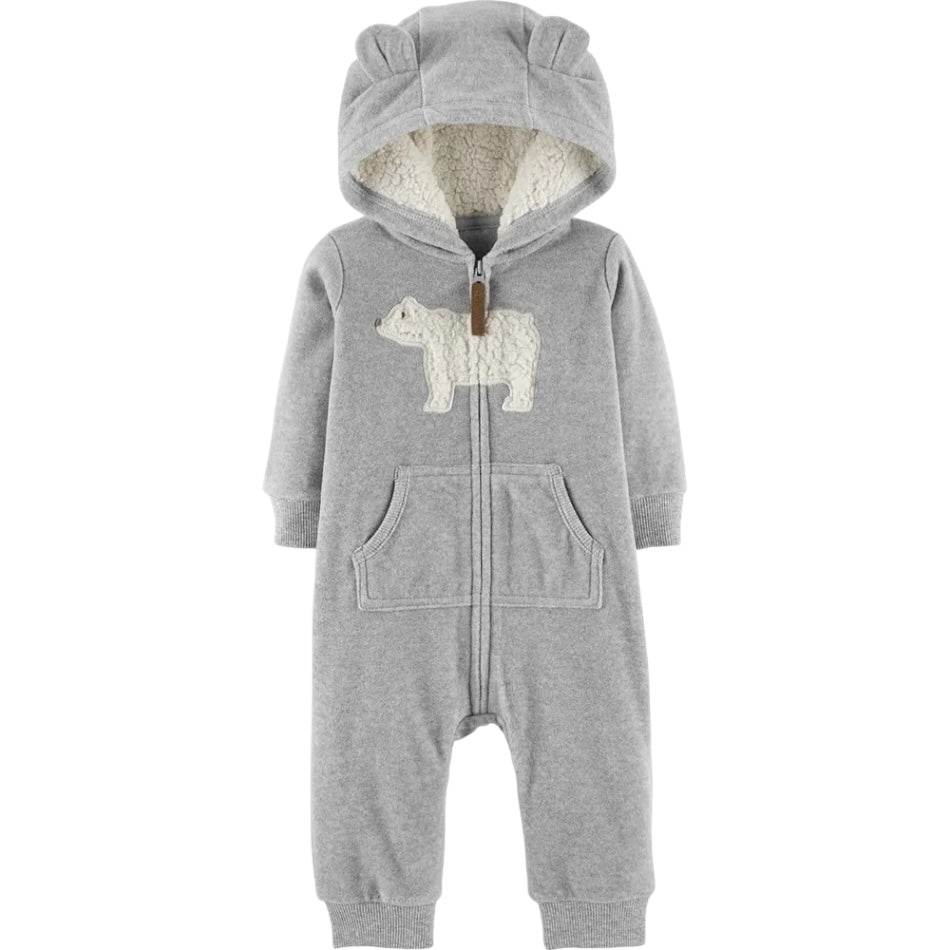 Fleece Zip Up Jumpsuit With Sherpa Lined Hood - Polar Bear