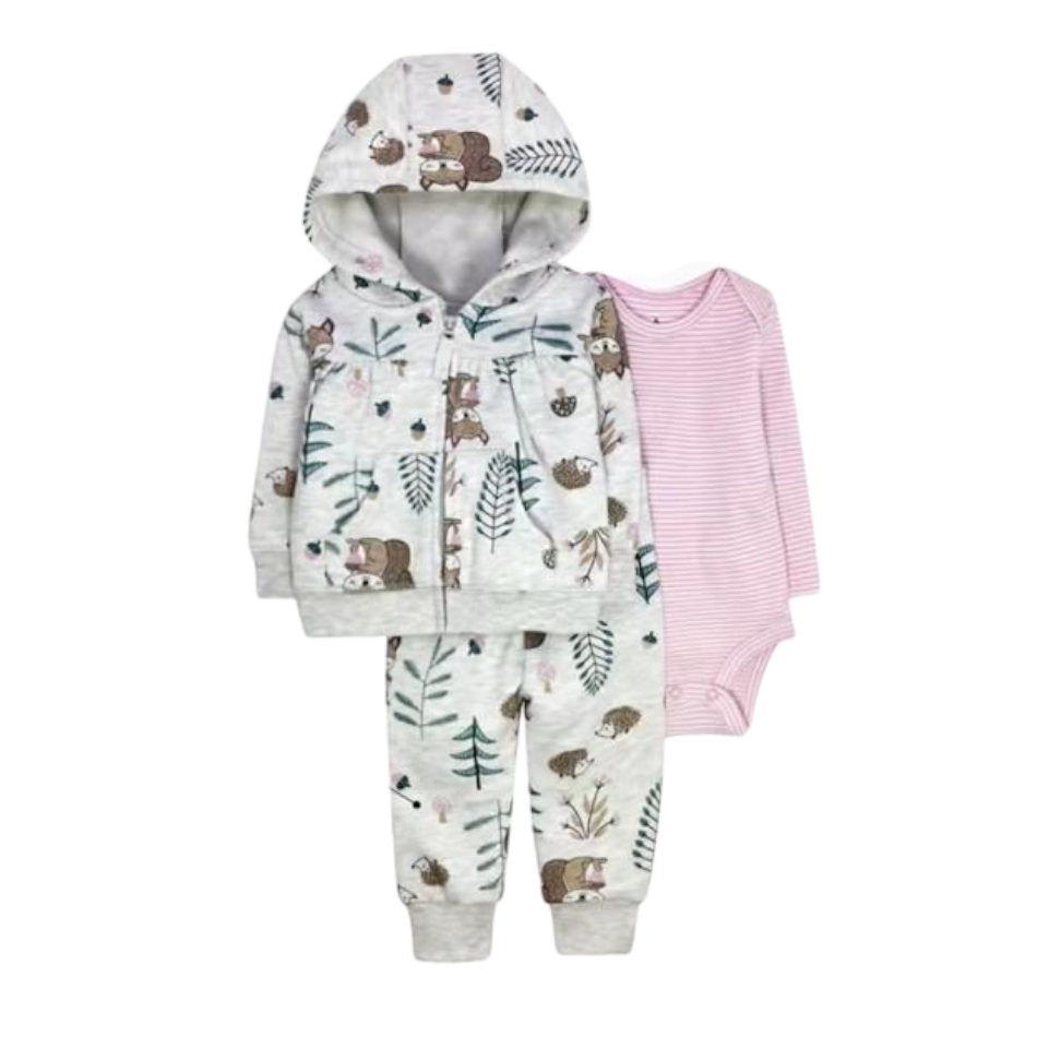 3 Pc Fleece Lined Jacket, Pants And Full Sleeves Bodysuit  Set - Forest