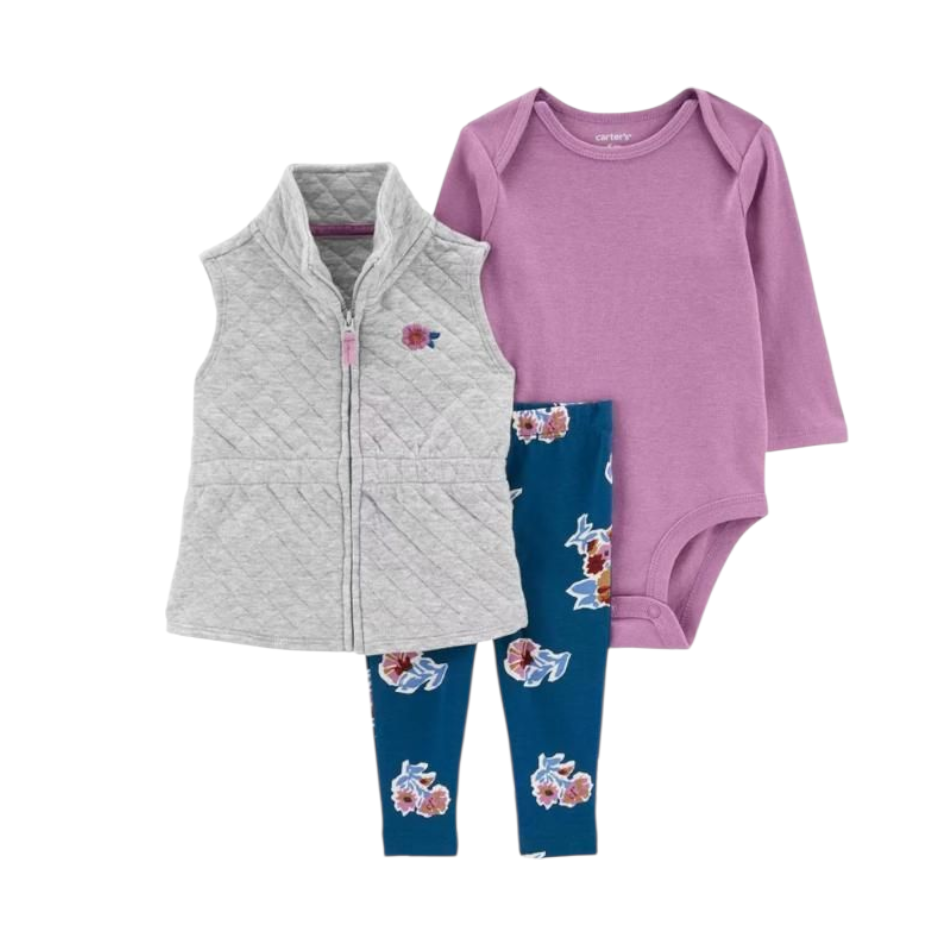 3 pc Quilted Vest, Bodysuit &  Pants Set - Floral