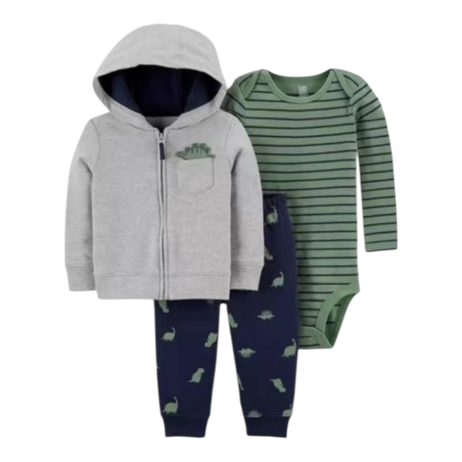 3 Pc Fleece Lined Jacket, Pants And Full Sleeves Bodysuit  Set - Dino