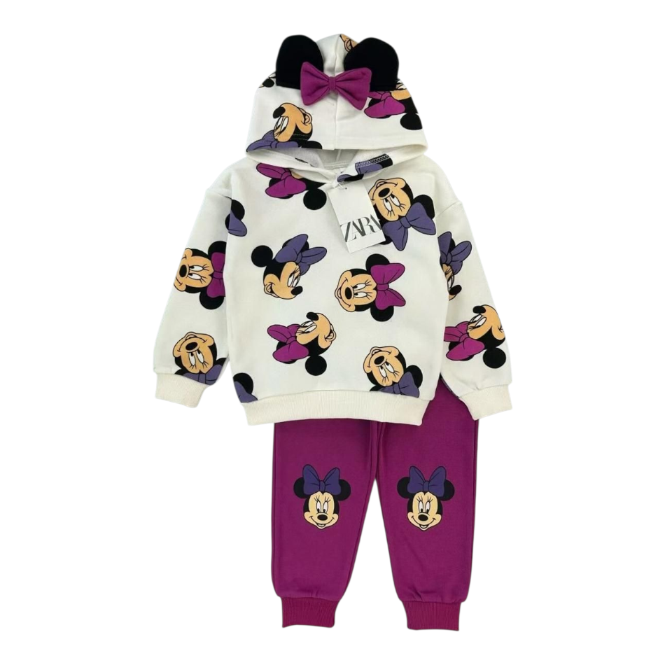 2 Pc Fleece Lined Pull over Hoodie And Pants Set - Bow Minnie