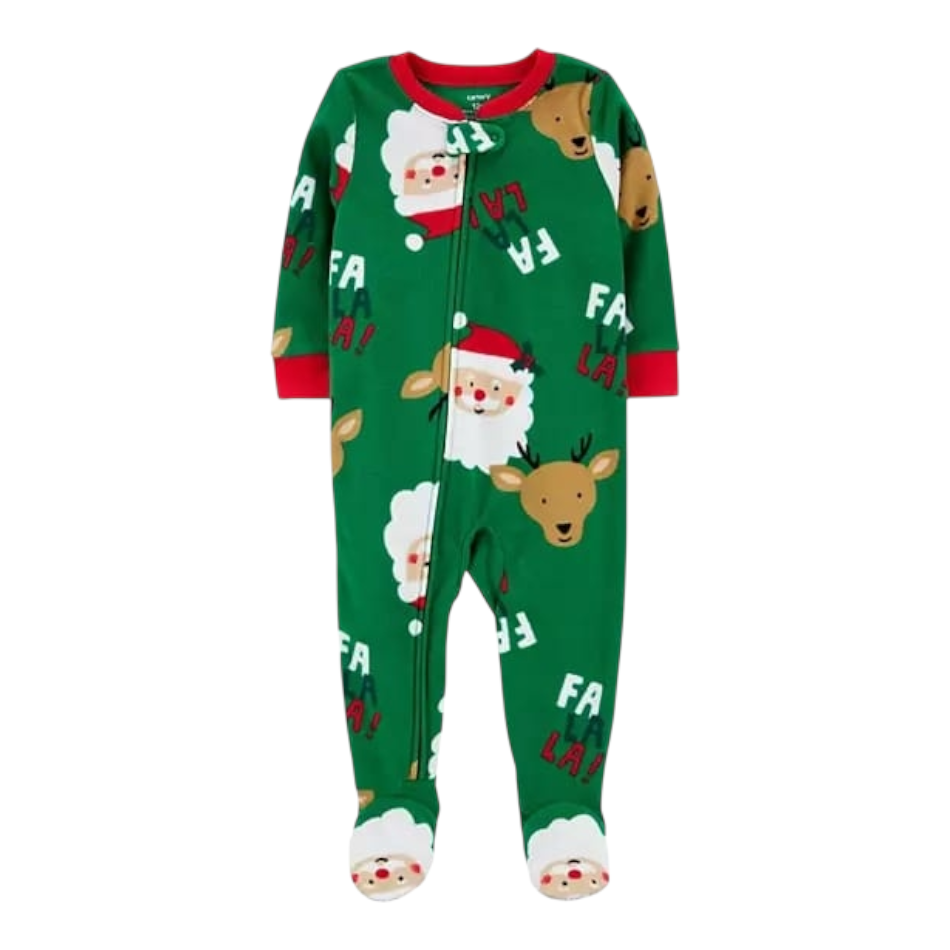 Fleece Zip up Footed Sleeper - Green Christmas