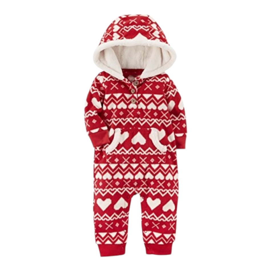 Fleece Hooded Jumpsuit With Kangaroo Pocket - Hearts