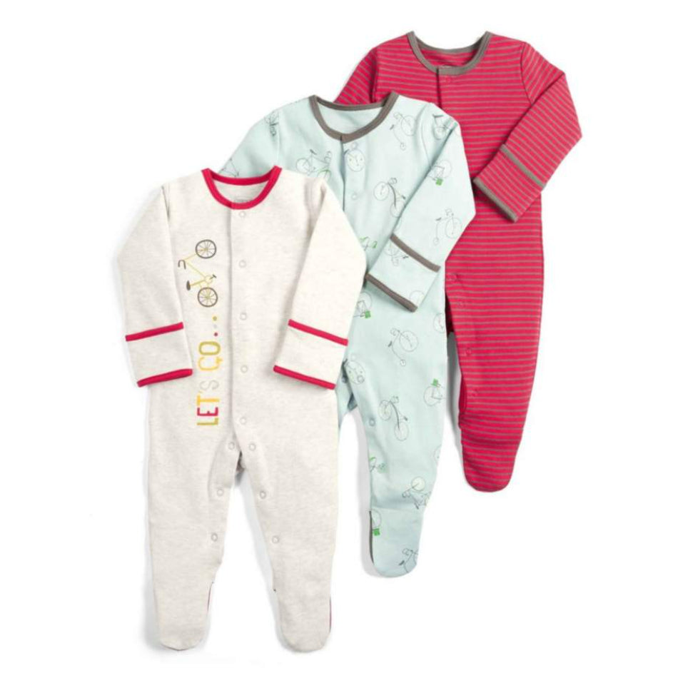Mamas & Papas 3 Pk Cotton Footed Sleepers - Bicycle/ Let's Go
