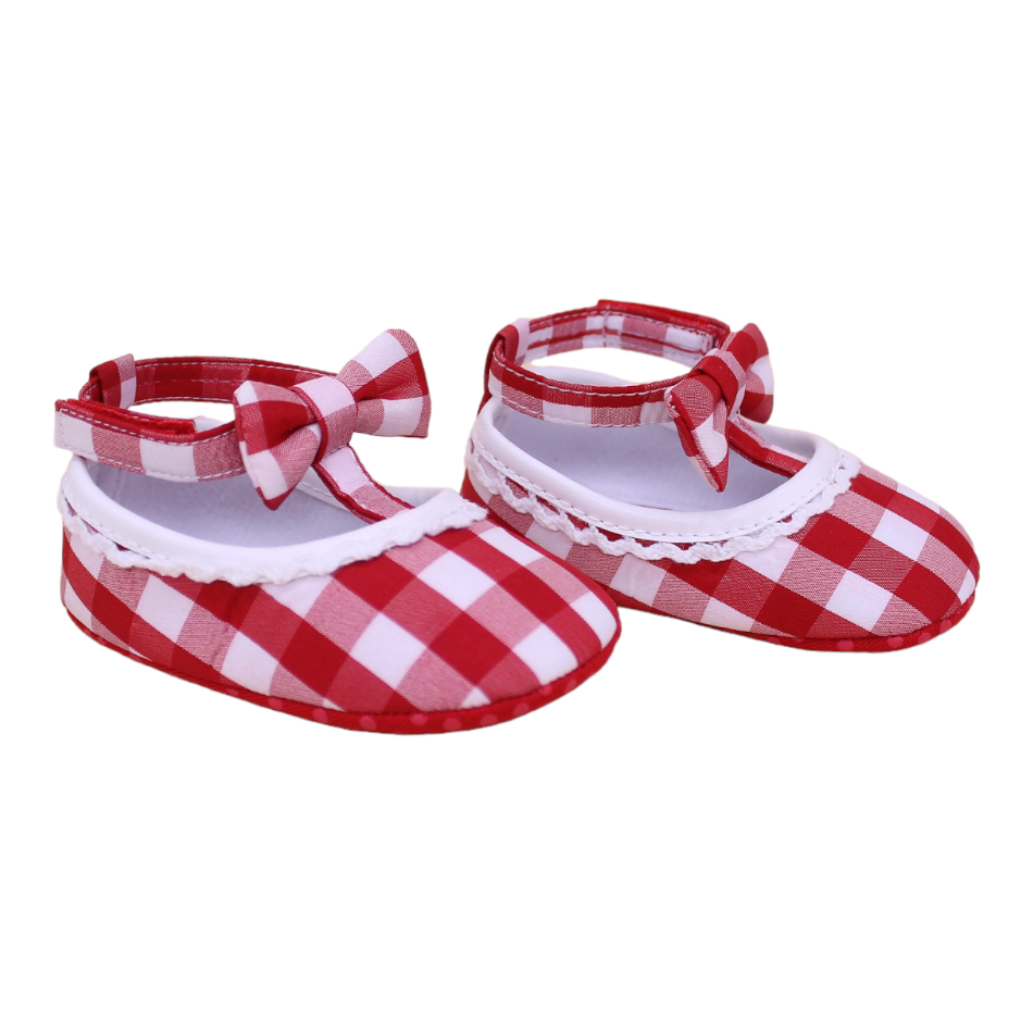 Checked Slip On Bow Shoes (Red/White) - Prewalker