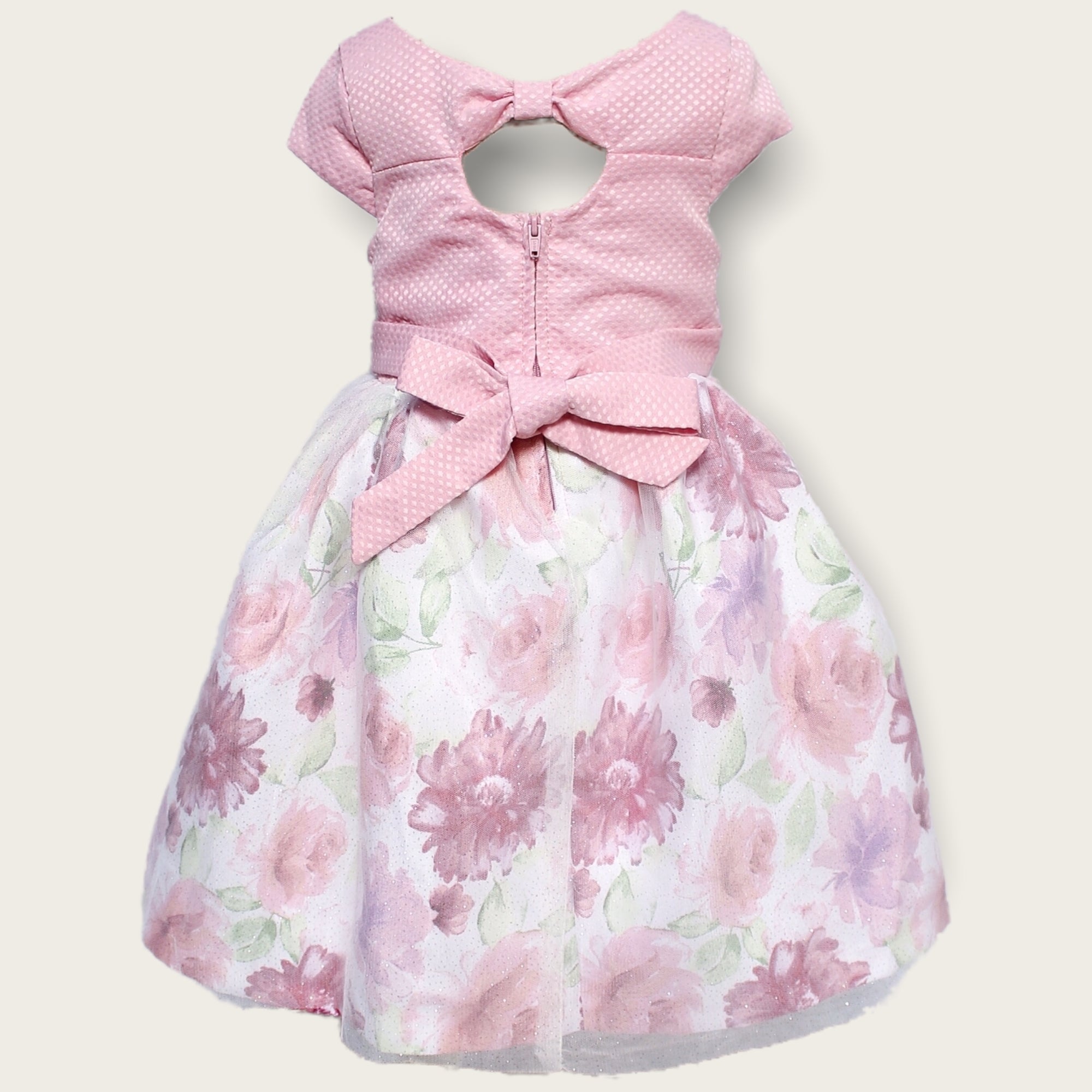 Nannette Kids Dress with Solid Bodice and Printed Floral Skirt with Tulle Overlay