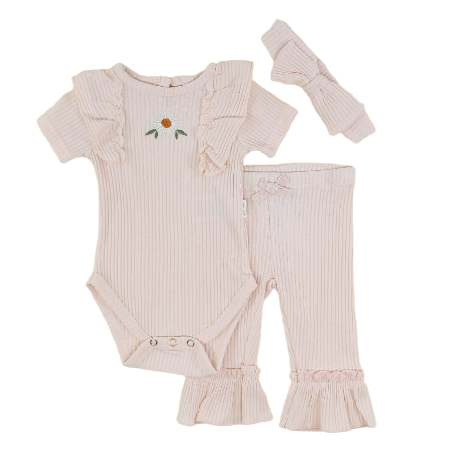 Tahari Baby 3 Pc Ribbed Bodysuit, Pant And Headbands Set - Daisy