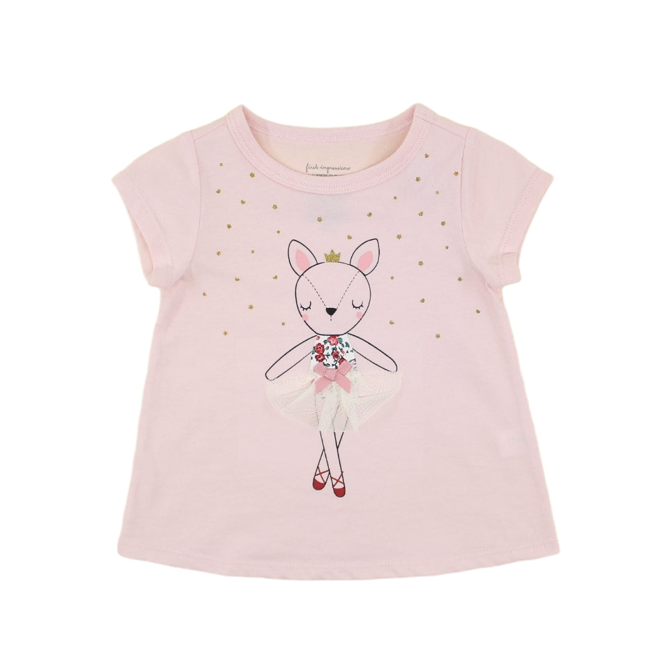 First Impression Cotton Graphic Print T-Shirt With Applique Detail - Ballerina