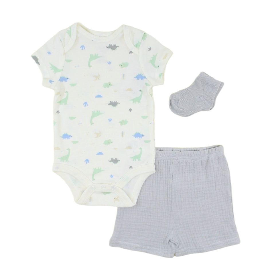Sterling Baby 3 Pc Romper, Shorts And Socks Set - Grey Dino