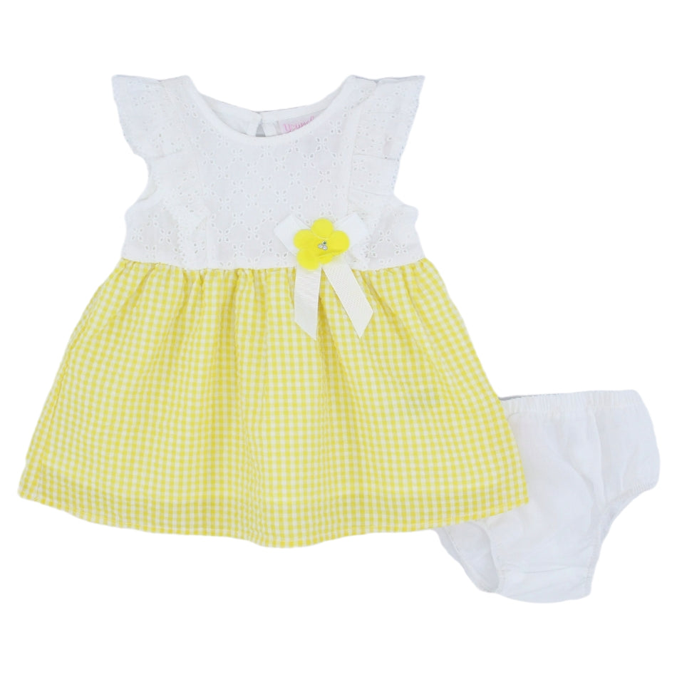 Youngland Baby Cotton Flutter Sleeves Dress With Diaper Cover Set - Yellow Checks